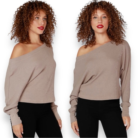 NWT Bobi Los Angeles Boatneck Dolman Long Sleeve Waffle Knit Top Taupe Medium - Picture 1 of 9